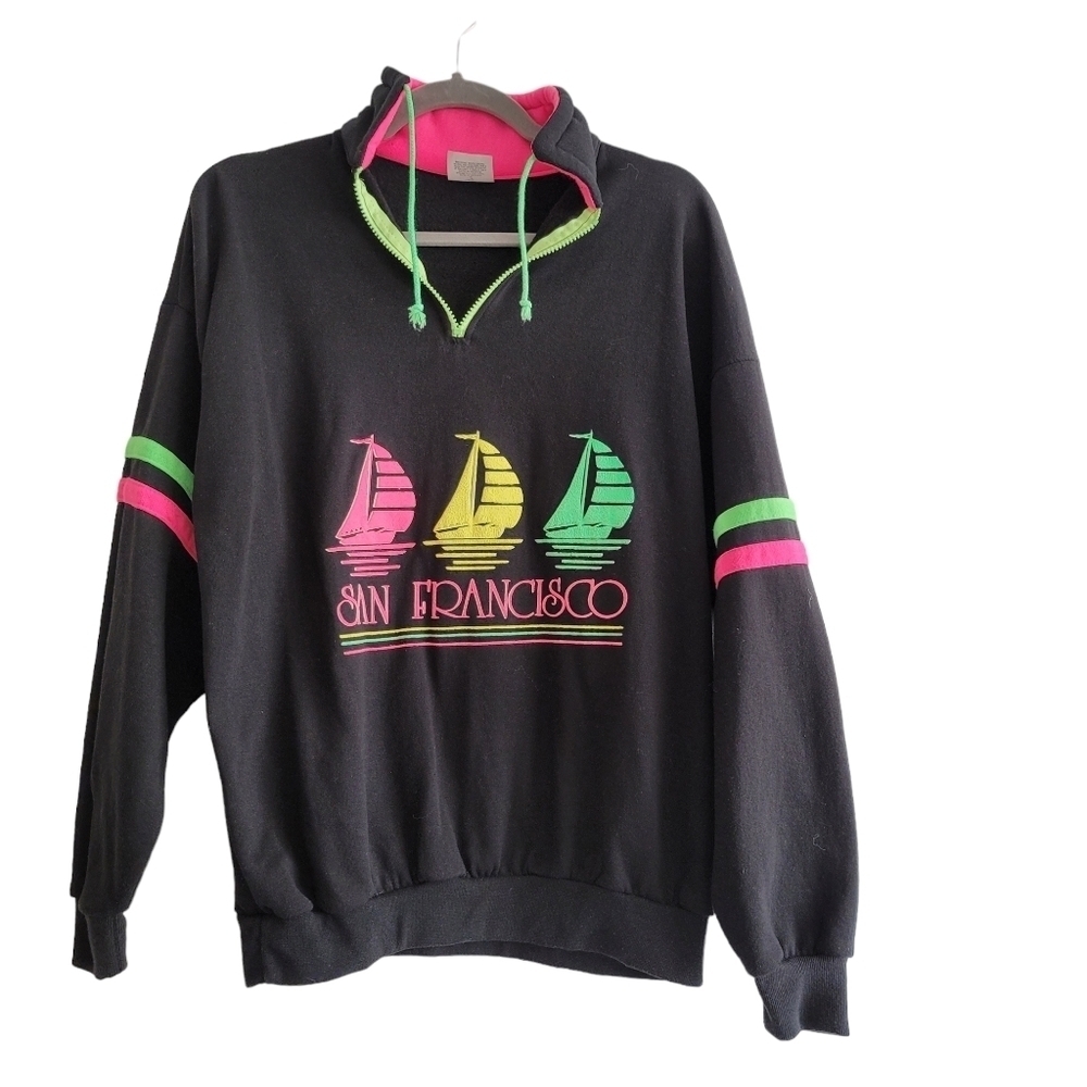 VTG Women's 80s Bright Sailboat San Francisco Quarter Zip Pullover‎ Sweatshirt